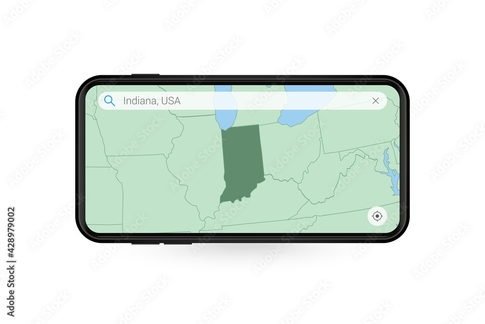 Searching map of Indiana in Smartphone map application. Map of Indiana in Cell Phone. Searching map of Indiana in Smartphone map application. Map of Indiana in Cell Phone.