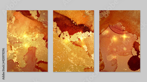 Set of marble patterns. Gold and orange geode textures with glitter. Abstract vector background in alcohol ink technique. Modern paint with sparkles. Backdrops for banner, poster. Fluid art