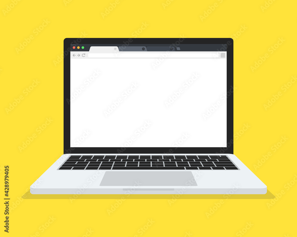 Browser mockup on laptop screen. Computer on yellow background. Vector illustration. Browser mockup on laptop screen. Computer on yellow background. Vector illustration.