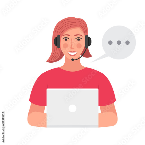 Call center or online support illustration. Woman using computer and headset answering questions. Vector illustration.