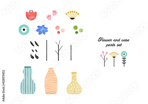 いろいろなお花と花瓶のパーツセット　水彩ベクターイラスト
