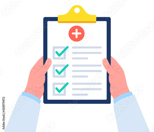 Doctor holds a clipboard with both hands. Checklist for medical report on clipboard. Vector.