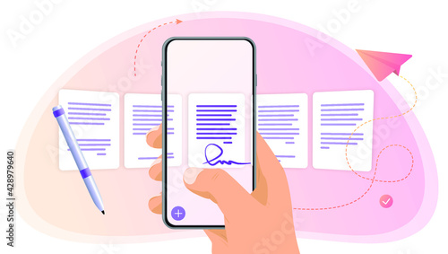 Phone in hand with files. Scroll, select a files, documents on your phone. Process, classification, database. Flat vector illustration. Landing page, template, web,  banner, homepage.