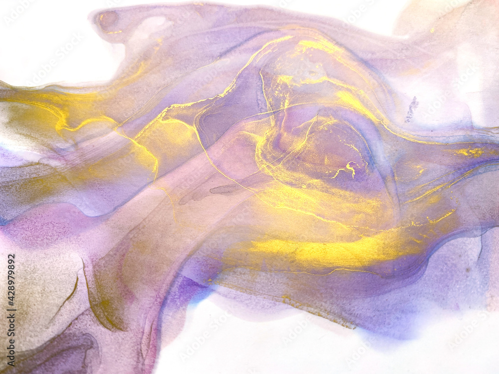 Fototapeta premium Ink, paint, abstract. Violet and gold abstract painting background. Alcohol ink modern abstract painting, modern contemporary art.