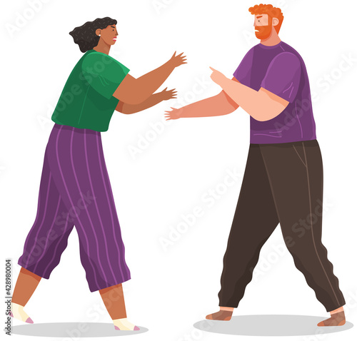 Young couple quarreling. Man and woman shout at each other in bad relationship. Arguing reprimanding