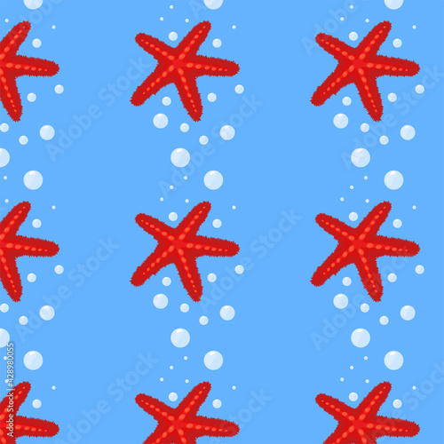 marine vector pattern with red starfish on a blue background