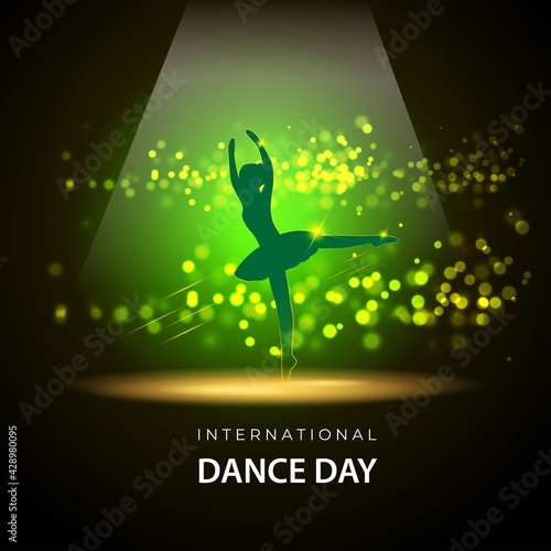 Vector illustration concept of International Dance Day greeting with dancing ballerina silhouette. 29 April.