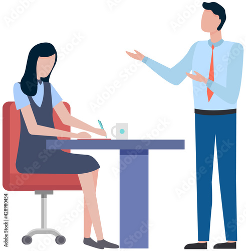 Business people man and woman talking to each other. Communication of colleagues in office © robu_s