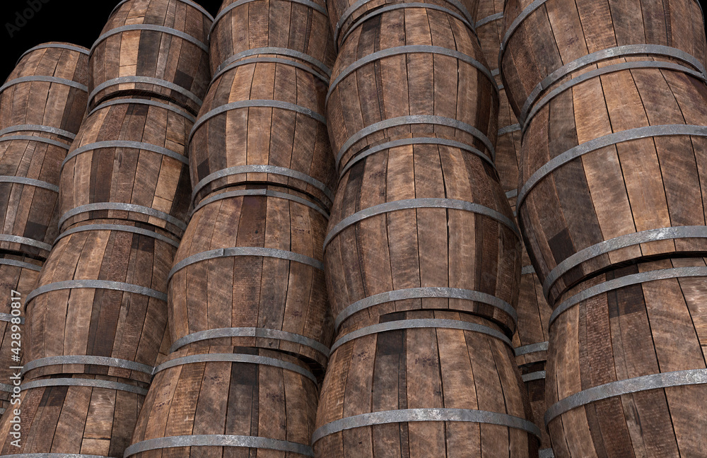 Wooden wine barrels. 3D render