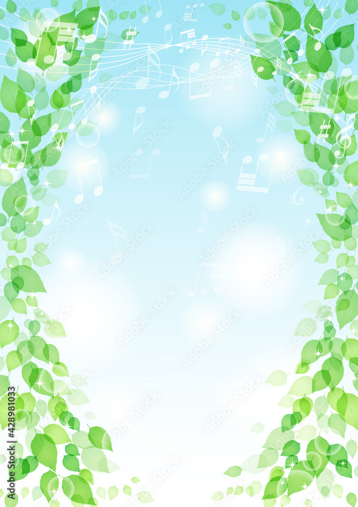Fototapeta premium キラキラ 葉っぱと音符の背景 フレーム 縦