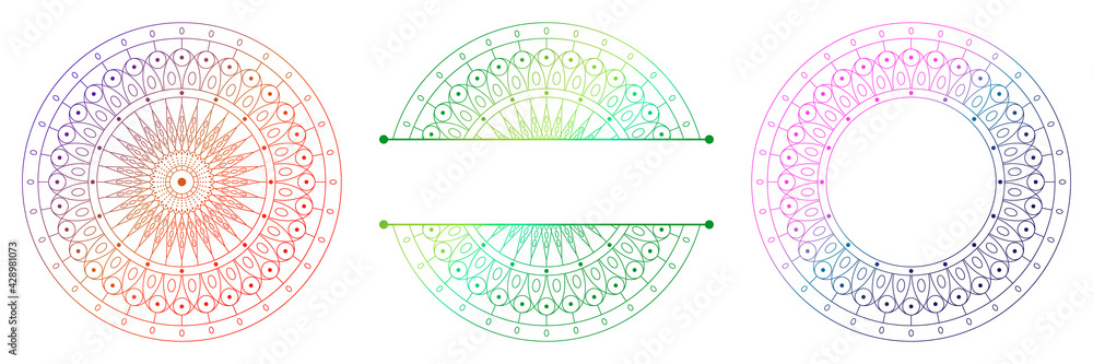 Set of flower mandalas. Split pattern in form of mandala for Henna Mehndi or tattoo decoration. Decorative ornament in ethnic oriental style, vector illustration.	
