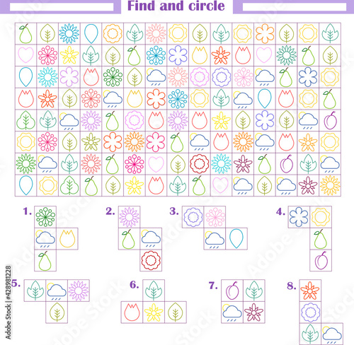  Logic game for children. Development of attention, thinking. Find and circle the fragments shown below