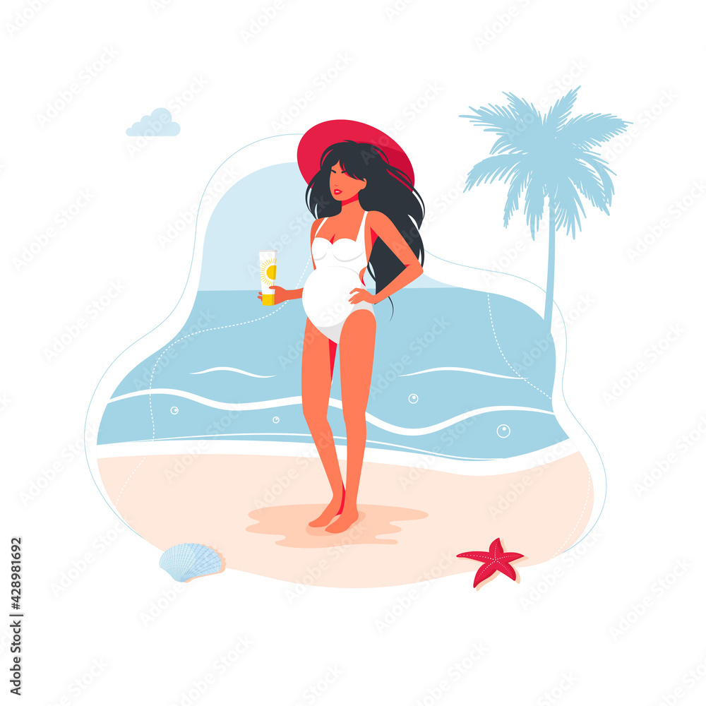 pregnant girl in a swimsuit holding sunscreen on the beach. Pregnant young brunette woman awaiting baby birth. Mother in swimsuit with long black hair. care of the skin of pregnant women from uv rays