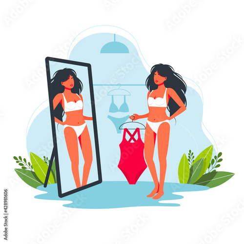 woman trying on fused whole in bikini in store. woman shopping swimsuit. Beautiful girl choosing swimwear for summer vacation on tropical resort. Cartoon female trying swim suit in front of mirror