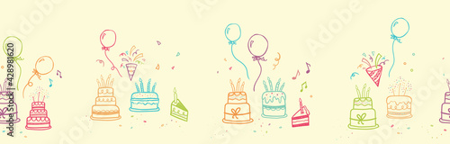 Cute doodle cakes seamless pattern, fun party background, great for Birthday Party, textiles, banners, wallpapers, wrapper - vector design