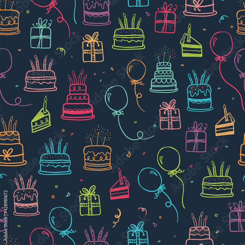 Cute doodle cakes seamless pattern, fun party background, great for Birthday Party, textiles, banners, wallpapers, wrapper - vector design