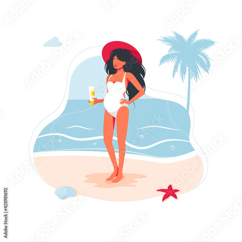 pregnant girl in a swimsuit holding sunscreen on the beach. Pregnant young brunette woman awaiting baby birth. Mother in swimsuit with long black hair. care of the skin of pregnant women from uv rays