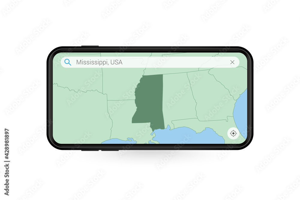 Searching map of Mississippi in Smartphone map application. Map of Mississippi in Cell Phone.