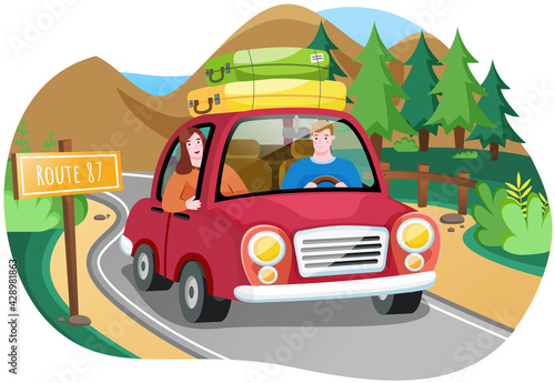 Guy with girl spend time abroad together on route. Couple are traveling together using car