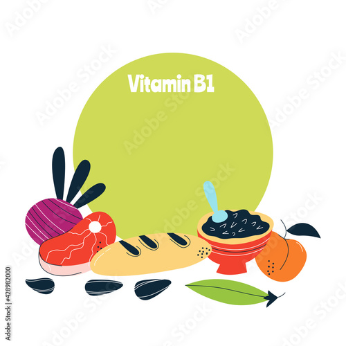 The main food sources of vitamin B1. Healthy food concept.