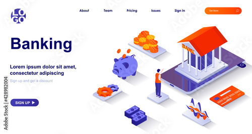 Banking isometric landing page. Bank financial services isometry concept. Accounting, transactions, credit card, savings 3d web banner. Vector illustration with people characters in flat design