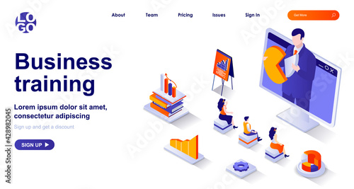 Business training isometric landing page. Professional development isometry concept. Colleagues on course watch teacher webinar 3d web banner. Vector illustration with people characters in flat design
