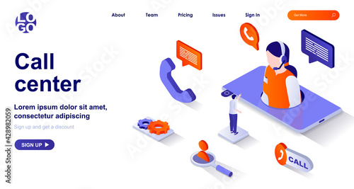 Call center isometric landing page. Customer support isometry concept. Hotline operator in headset consults client in chat 3d web banner. Vector illustration with people characters in flat design