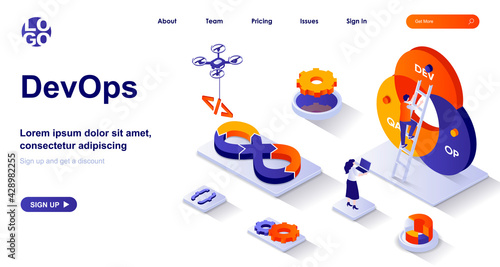 DevOps isometric landing page. Development operations isometry concept. Developers team works, configures, monitors processes 3d web banner. Vector illustration with people characters in flat design