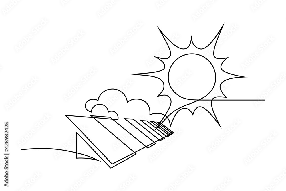 Solar energy in continuous line art drawing style. Solar panels facing the Sun to collect heat by absorbing sunlight. Black linear design isolated on white background. Vector illustration Solar energy in continuous line art drawing style. Solar panels facing the Sun to collect heat by absorbing sunlight. Black linear design isolated on white background. Vector illustration