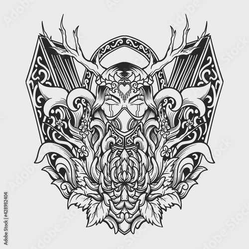 tattoo and t shirt design black and white hand drawn nature goddess women and flower engraving ornament