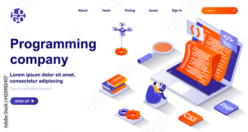 Programming company isometric landing page. Development of programs and app isometry concept. Programmer coding, testing code 3d web banner. Vector illustration with people characters in flat design
