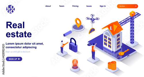 Real estate isometric landing page. Company building property to sell isometry concept. Buying home, moving to new house 3d web banner. Vector illustration with people characters in flat design