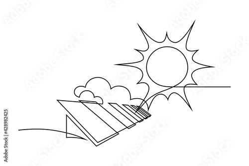 Solar energy in continuous line art drawing style. Solar panels facing the Sun to collect heat by absorbing sunlight. Black linear design isolated on white background. Vector illustration