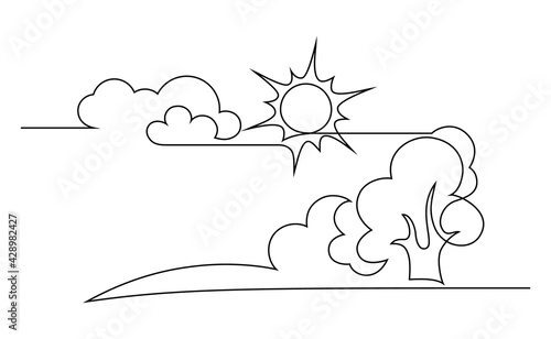 Nature landscape in continuous line art drawing style. Abstract cartoon scenery with sun, clouds, forest and meadow minimalist black linear design isolated on white background. Vector illustration