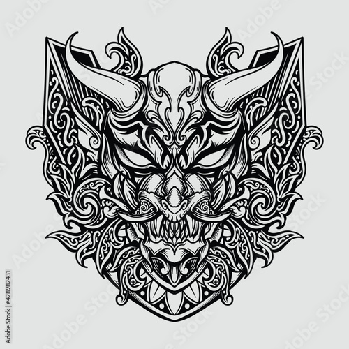 tattoo and t shirt design black and white hand drawn oni mask engraving ornament