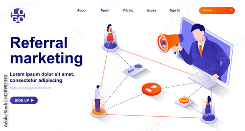 Referral marketing isometric landing page. Attracting new customers via word of mouth advertising isometry concept. Promotion 3d web banner. Vector illustration with people characters in flat design