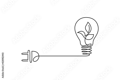 Green energy icon in continuous line art drawing style. Plant inside light bulb with power plug as a symbol of environmental friendly sources of energy black linear design isolated on white background