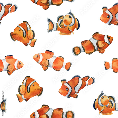 Tropical fish, clown fish and fish on an isolated background. Watercolor illustration, seamless pattern