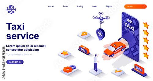 Taxi service isometric landing page. Passenger transportation mobile app isometry concept. Booking car transfer, carsharing 3d web banner. Vector illustration with people characters in flat design