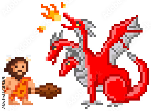 Pixelated caveman holding baton fighting against red three-headed dragon breathing fire isolated