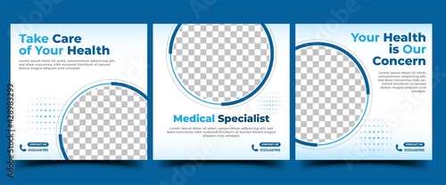 Set of Medical social media post template design. Modern banner design with blue line frame color. Usable for social media post, flyer, card, and website.