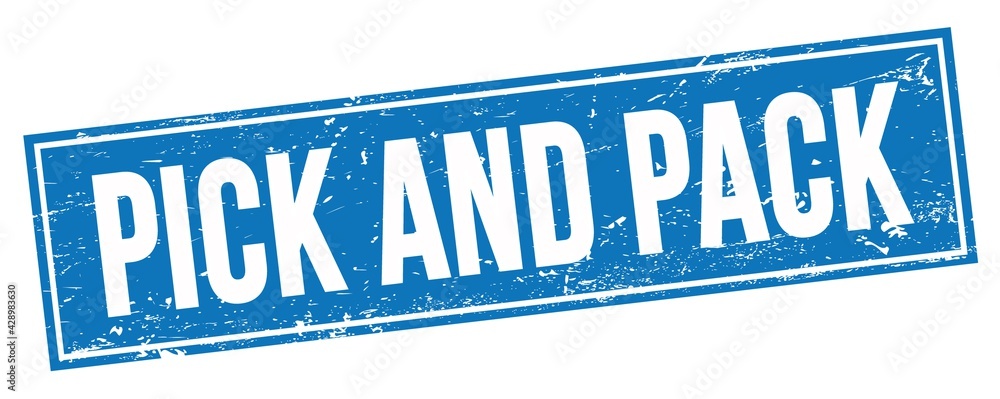 PICK AND PACK text on blue grungy rectangle stamp.