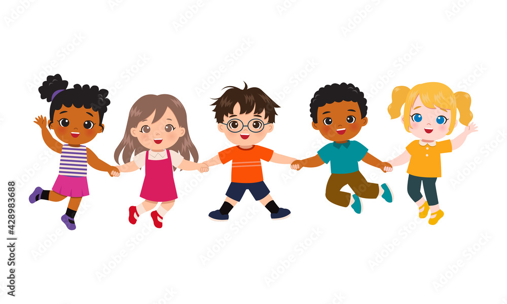 Vecteur Stock Boy and girl holding hands and jumping together. Children clip  art isolated on white background | Adobe Stock