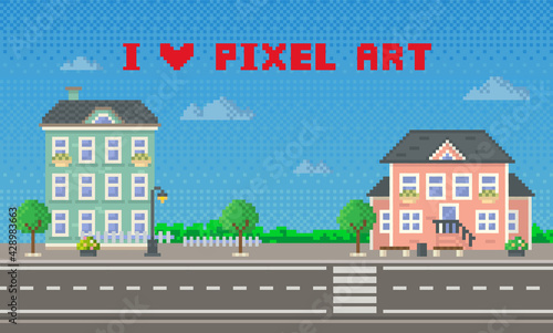 Houses and green trees along urban paved road pixel art scene. Apartment pixelated city building