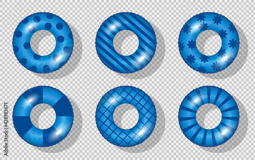Swim rings set. Inflatable rubber toy. Blue vector collection. Realistic summertime illustration. Summer vacation or trip safety item. Top view swiming circle for ocean, sea, pool.