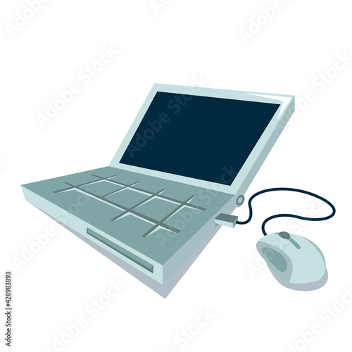 Gray laptop with mouse in cartoon style isolated on white background