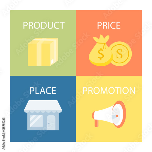 4P marketing mix stand for Product, price, place and promotion. Marketing mix theory icon concept