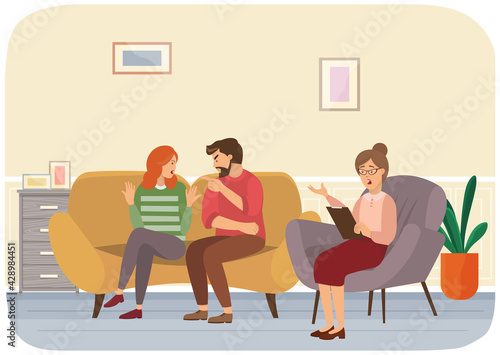 Family relationship problems. Conversation between man, woman and female psychologist therapist