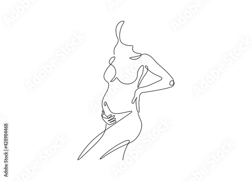 One line drawing of pregnant woman. Linear pregnant woman silhouette for print, Happy Mothers day card. Minimal vector Illustration