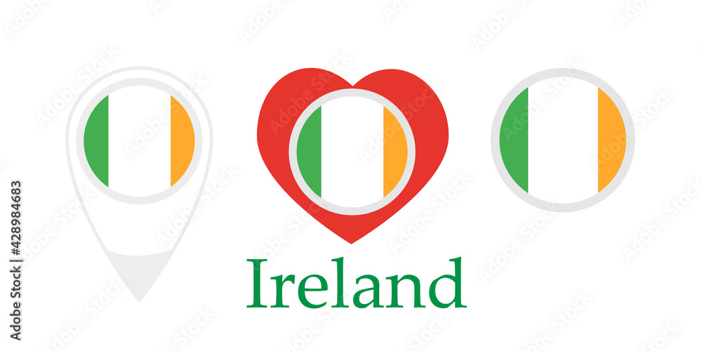 National flag of Ireland, round icon, heart icon and location sign National flag of Ireland, round icon, heart icon and location sign